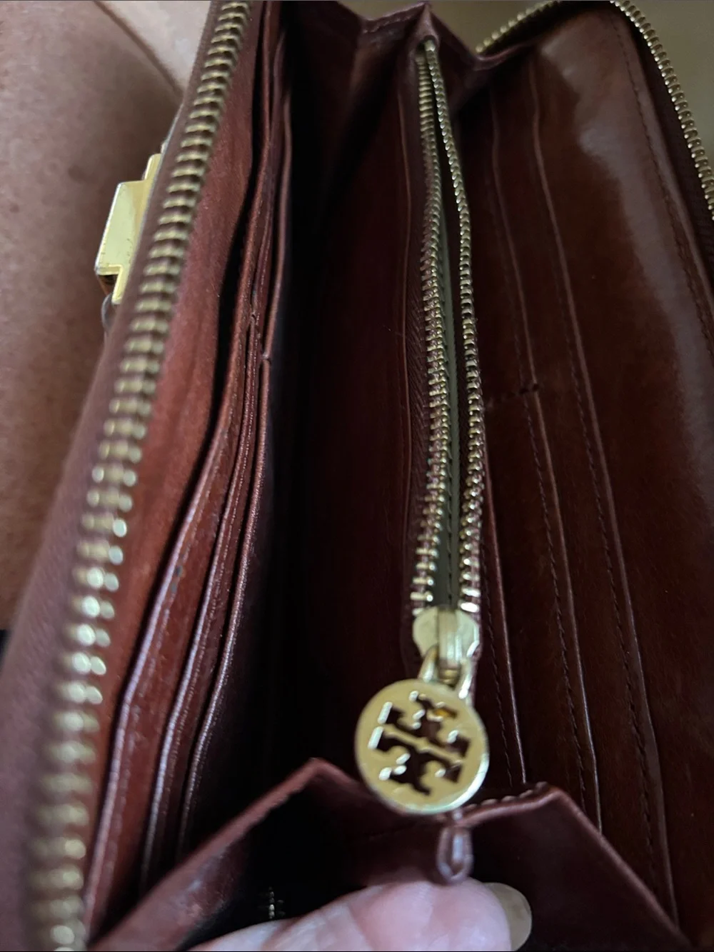Tory Burch Chestnut Brown Leather Zip Around Wallet with Gold Logo